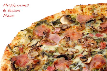 simsearch:400-07481067,k - Freshly Baked Pizza with Edible Mushrooms, Bacon, Cheese and Spinach Sauce Cross Section on white background Stock Photo - Budget Royalty-Free & Subscription, Code: 400-07482756