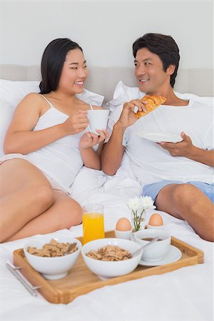 simsearch:400-07483522,k - Happy couple having breakfast in bed at home in bedroom Stock Photo - Budget Royalty-Free & Subscription, Code: 400-07483206
