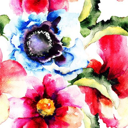 Seamless wallpaper with summer flowers, Watercolor painting Stock Photo - Budget Royalty-Free & Subscription, Code: 400-07498559