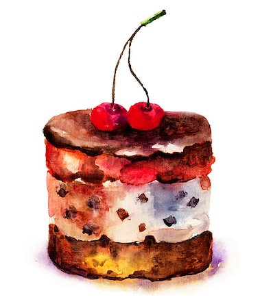 simsearch:400-07498585,k - Watercolor illustration of cake with cherry Photographie de stock - Aubaine LD & Abonnement, Code: 400-07498561