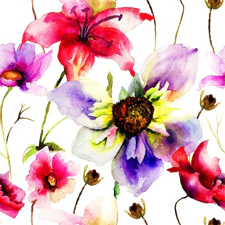 simsearch:400-07498585,k - Seamless wallpaper with Stylized flower, watercolor illustration Photographie de stock - Aubaine LD & Abonnement, Code: 400-07498574