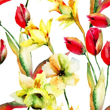 simsearch:400-07245386,k - Seamless pattern with Narcissus and Tulips flowers, watercolor illustration Stockbilder - Microstock & Abonnement, Bildnummer: 400-07498572