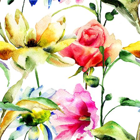 simsearch:400-07444676,k - Seamless wallpaper with beautiful flowers, Watercolor painting Photographie de stock - Aubaine LD & Abonnement, Code: 400-07498587