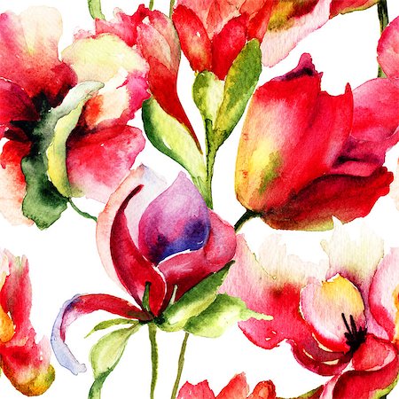 simsearch:400-07498585,k - Summer seamless pattern with flowers, watercolor illustration Photographie de stock - Aubaine LD & Abonnement, Code: 400-07498589