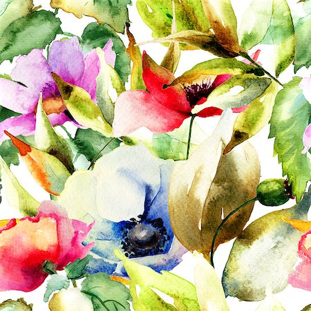 simsearch:400-07291175,k - Seamless wallpaper with Beautiful flowers, watercolor illustration Foto de stock - Super Valor sin royalties y Suscripción, Código: 400-07498605