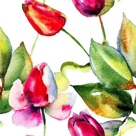 simsearch:400-07498585,k - Watercolor illustration with Tulips and Roses flowers, seamless pattern Photographie de stock - Aubaine LD & Abonnement, Code: 400-07498608