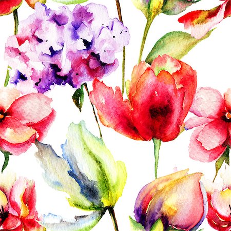 Seamless pattern with Summer flowers, watercolor illustration Stock Photo - Budget Royalty-Free & Subscription, Code: 400-07498601
