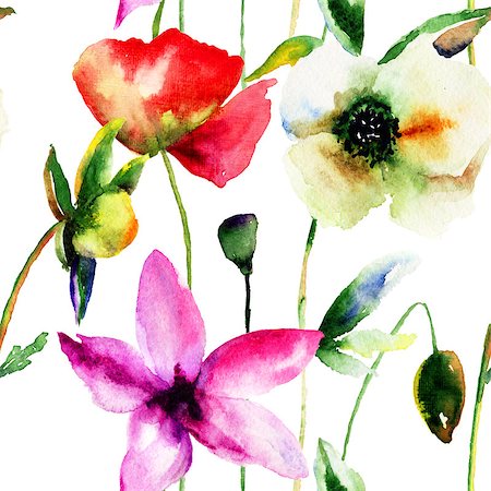 simsearch:400-07498585,k - Seamless wallpaper with wild flowers, watercolor illustration Photographie de stock - Aubaine LD & Abonnement, Code: 400-07498615