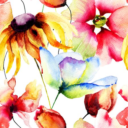 simsearch:400-07291175,k - Seamless pattern with Decorative flowers, watercolor illustration Foto de stock - Super Valor sin royalties y Suscripción, Código: 400-07498619