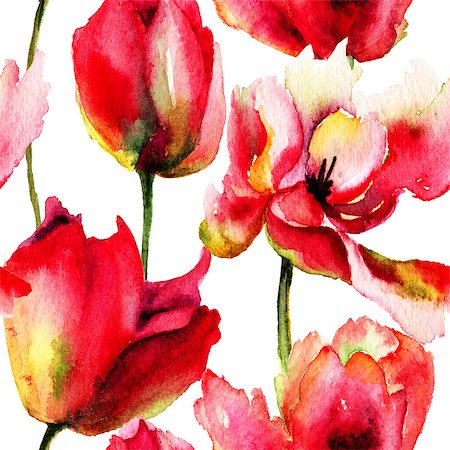 simsearch:400-07498585,k - Seamless wallpaper with Tulips flowers, watercolor illustration Photographie de stock - Aubaine LD & Abonnement, Code: 400-07498612