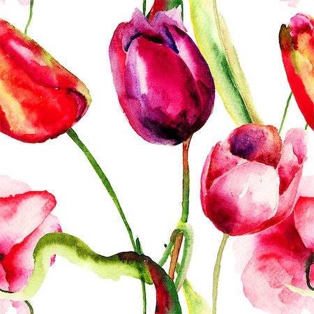 simsearch:400-07498585,k - Seamless wallpaper with Tulips flowers, watercolor illustration Photographie de stock - Aubaine LD & Abonnement, Code: 400-07498613