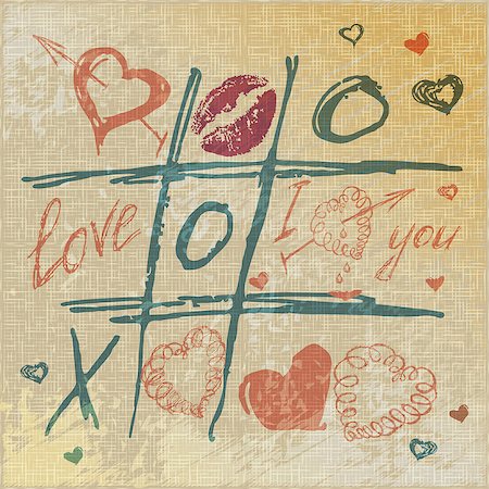 vector Tic Tac Toe Hearts, Valentine background. The valentine's day. Love heart. Hand-drawn icons symbols. Art vintage illustration. Print for burlap textile. Photographie de stock - Aubaine LD & Abonnement, Code: 400-07498668
