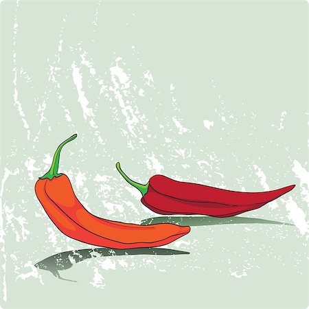 red pepper drawing - Hand drawn cartoon illustration representing two peppers on a grungy faded green background Stock Photo - Budget Royalty-Free & Subscription, Code: 400-07498920