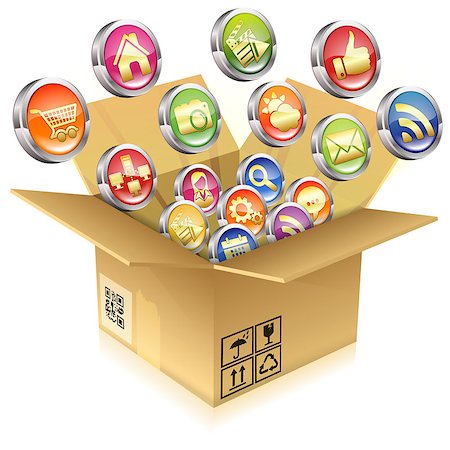 Open Cardboard Box with a set of icons, vector isolated on white background Stock Photo - Budget Royalty-Free & Subscription, Code: 400-07499769