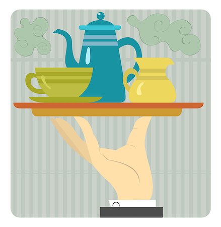 food drawings - Tray with coffeepot, cup and cream are on the waiter’s hand Stock Photo - Budget Royalty-Free & Subscription, Code: 400-07499993