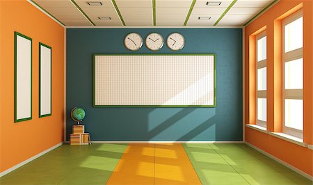 empty room illustration - Colorful classroom without student with board,books and globe - rendering Stock Photo - Budget Royalty-Free & Subscription, Code: 400-07505691