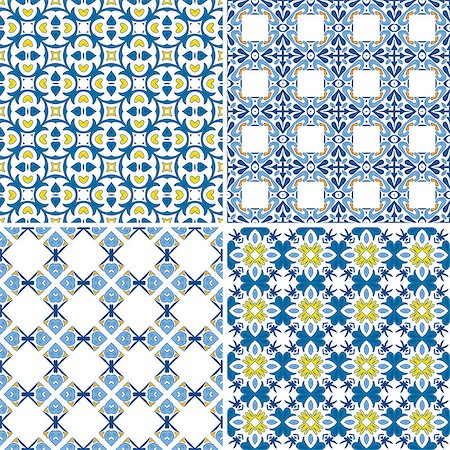 Set of four seamless pattern illustration in blue and white - like Portuguese tiles Foto de stock - Super Valor sin royalties y Suscripción, Código: 400-07506096