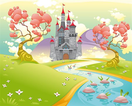 Mythological landscape with medieval castle. Cartoon and vector illustration. Stock Photo - Budget Royalty-Free & Subscription, Code: 400-07506106