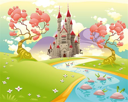 Mythological landscape with medieval castle. Cartoon and vector illustration. Stock Photo - Budget Royalty-Free & Subscription, Code: 400-07506107