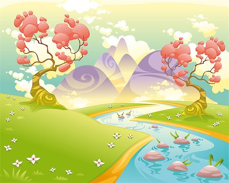 Mythological landscape with river. Cartoon and vector illustration. Stock Photo - Budget Royalty-Free & Subscription, Code: 400-07506108