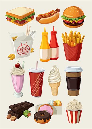 Set of colorful cartoon fast food icons. Isolated vector. Stockbilder - Microstock & Abonnement, Bildnummer: 400-07506418