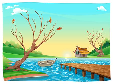 Lake with boat. Cartoon and vector illustration. Stock Photo - Budget Royalty-Free & Subscription, Code: 400-07506546