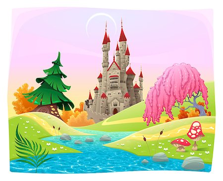 Mythological landscape with medieval castle. Cartoon and vector illustration. Foto de stock - Super Valor sin royalties y Suscripción, Código: 400-07506961