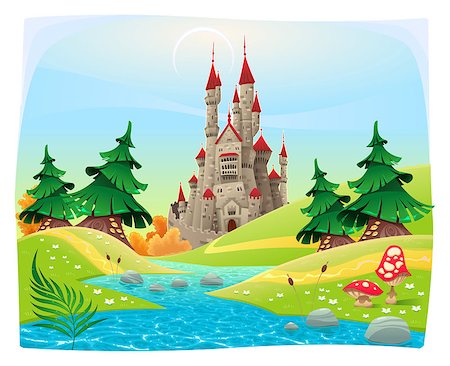 Mythological landscape with medieval castle. Cartoon and vector illustration. Stock Photo - Budget Royalty-Free & Subscription, Code: 400-07507319