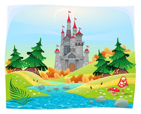 Mythological landscape with medieval castle. Cartoon and vector illustration. Stock Photo - Budget Royalty-Free & Subscription, Code: 400-07507368