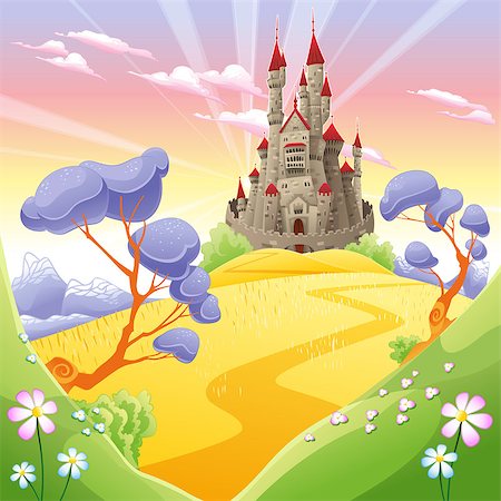 simsearch:400-07507914,k - Mythological landscape with medieval castle. Cartoon and vector illustration. Photographie de stock - Aubaine LD & Abonnement, Code: 400-07507424