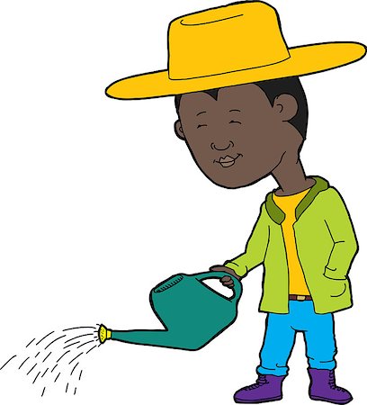 Cartoon of cute farmer and watering can with drops of water Stock Photo - Budget Royalty-Free & Subscription, Code: 400-07507816