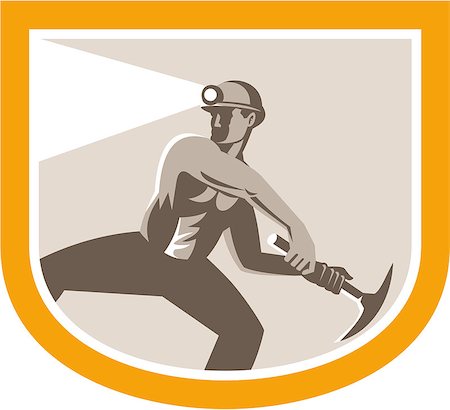 simsearch:400-07835492,k - Illustration of a coal miner wearing hardhat with pick axe facing front set inside oval done in retro style. Stockbilder - Microstock & Abonnement, Bildnummer: 400-07507843