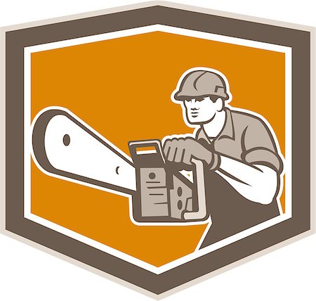 simsearch:400-07500332,k - Illustration of lumberjack arborist tree surgeon operating a chainsaw viewed from front set inside crest shield shape on isolated white background done in retro style. Stock Photo - Budget Royalty-Free & Subscription, Code: 400-07507857