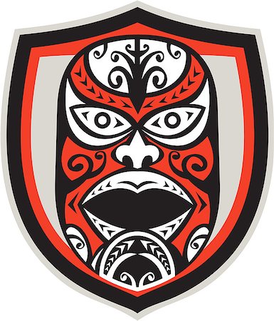 simsearch:400-07500332,k - Illustration of a traditional maori mask facing front set inside shield done in retro style on isolated background. Stock Photo - Budget Royalty-Free & Subscription, Code: 400-07507859