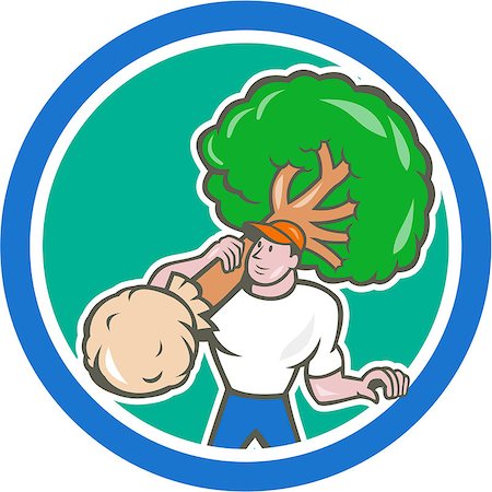 simsearch:400-08574574,k - Illustration of gardener arborist tree surgeon carrying a tree viewed from front on isolated white background done in cartoon style set inside circle Stock Photo - Budget Royalty-Free & Subscription, Code: 400-07507850