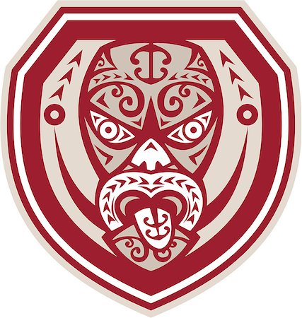simsearch:400-07500332,k - Illustration of a traditional maori mask with tongue out facing front set inside shield done in retro style on isolated background. Stock Photo - Budget Royalty-Free & Subscription, Code: 400-07507860