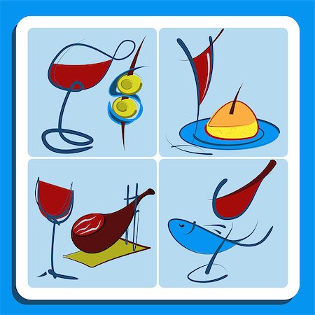 Colorful doodle sketches of Spanish red wine served accompaning various food dishes including olives, appetizers, meat and fish in square format Foto de stock - Super Valor sin royalties y Suscripción, Código: 400-07508678