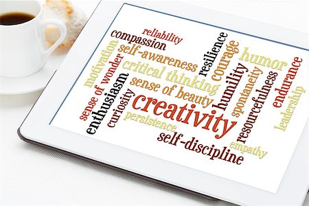 creativity, self-discipline and other personal qualities - a word cloud on a digital tablet with cup of coffee Foto de stock - Super Valor sin royalties y Suscripción, Código: 400-07508932