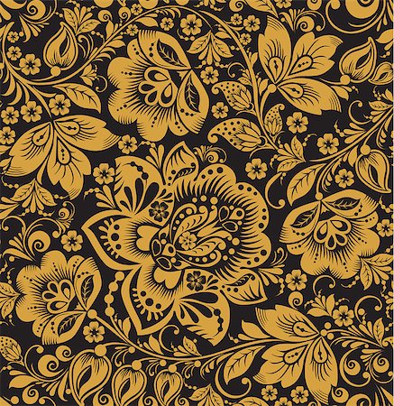 Seamless floral pattern. gold flowers on a black background. Hohloma Stock Photo - Budget Royalty-Free & Subscription, Code: 400-07509031