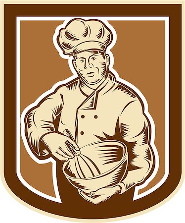 simsearch:400-07500332,k - Illustration of a baker chef cook holding a mixing bowl viewed from front set inside shield crest done in retro woodcut style on isolated background. Stock Photo - Budget Royalty-Free & Subscription, Code: 400-07500286
