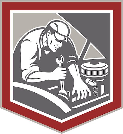 simsearch:400-07500332,k - Illustration of a car mechanic repairing automobile vehicle using spanner wrench set inside shield crest shape done in retro woodcut style style. Stock Photo - Budget Royalty-Free & Subscription, Code: 400-07500318