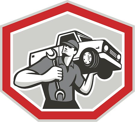 simsearch:400-07500332,k - Illustration of an automotive mechanic carrying pick-up truck car vehicle on shoulder holding spanner wrench set inside shield crest shape done in retro style. Stock Photo - Budget Royalty-Free & Subscription, Code: 400-07500319