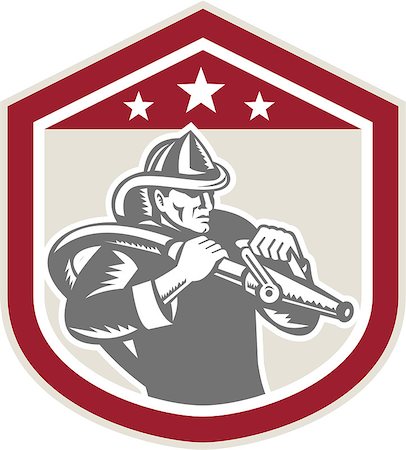 simsearch:400-07617056,k - Illustration of a fireman fire fighter emergency worker with fire hose set inside shield crest shape done in retro woodcut style on isolated background. Foto de stock - Super Valor sin royalties y Suscripción, Código: 400-07500310