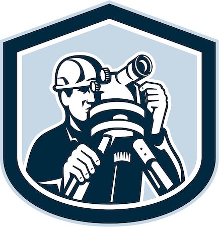 simsearch:400-07524689,k - Illustration of a surveyor geodetic engineer with theodolite instrument surveying viewed from front set inside shield crest shape done in retro style. Photographie de stock - Aubaine LD & Abonnement, Code: 400-07500332