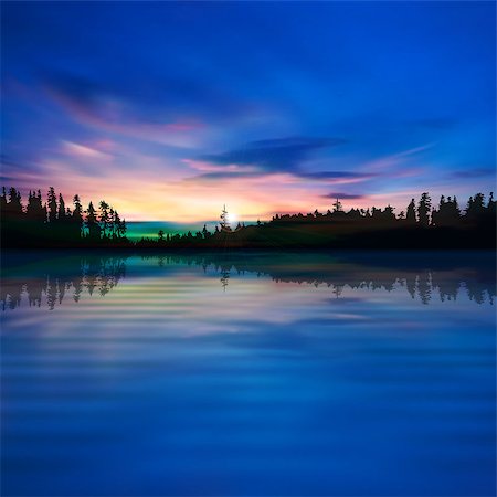 simsearch:400-07924233,k - abstract nature blue background with forest lake and sunrise Fotografie stock - Microstock e Abbonamento, Codice: 400-07501117