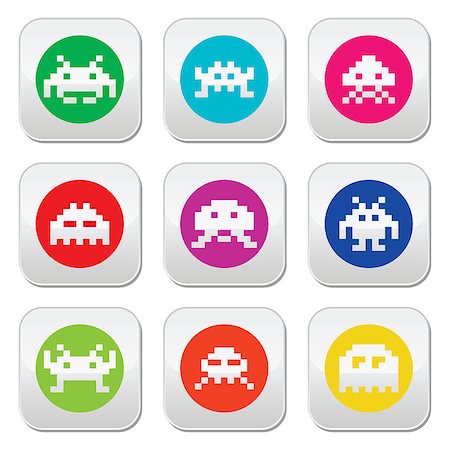 pixelated - Vector colorful set of pixelated space invaders on circle isolated on white Stock Photo - Budget Royalty-Free & Subscription, Code: 400-07501119