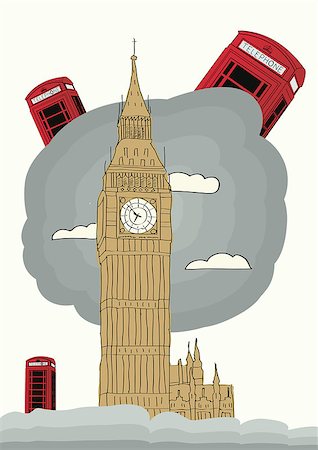 london vector illustration with big ben and red phone box Photographie de stock - Aubaine LD & Abonnement, Code: 400-07501204