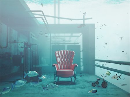 red luxury armchair underwater. CG and photo compilated concept Fotografie stock - Microstock e Abbonamento, Codice: 400-07502100