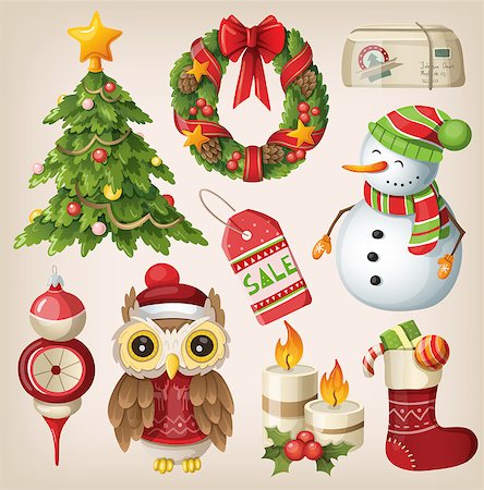 snowman owl - Set of christmas items and characters. Vector Stock Photo - Budget Royalty-Free & Subscription, Code: 400-07502110