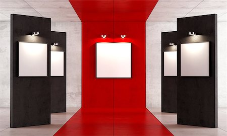 Red and black contemporary art gallery with canvas on concrete panel - rendering Stockbilder - Microstock & Abonnement, Bildnummer: 400-07502279